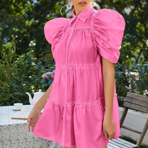 Contemporary  Puff Sleeve Ruched Ruffle Hem Shirt Dress - Picture 5 of 5